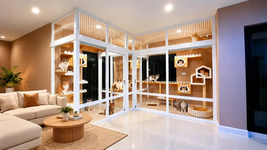 ห้องแมวกั้นกระจกโครงสีขาวในห้องนั่งเล่น พร้อมชั้นปีนป่ายและน้องแมว